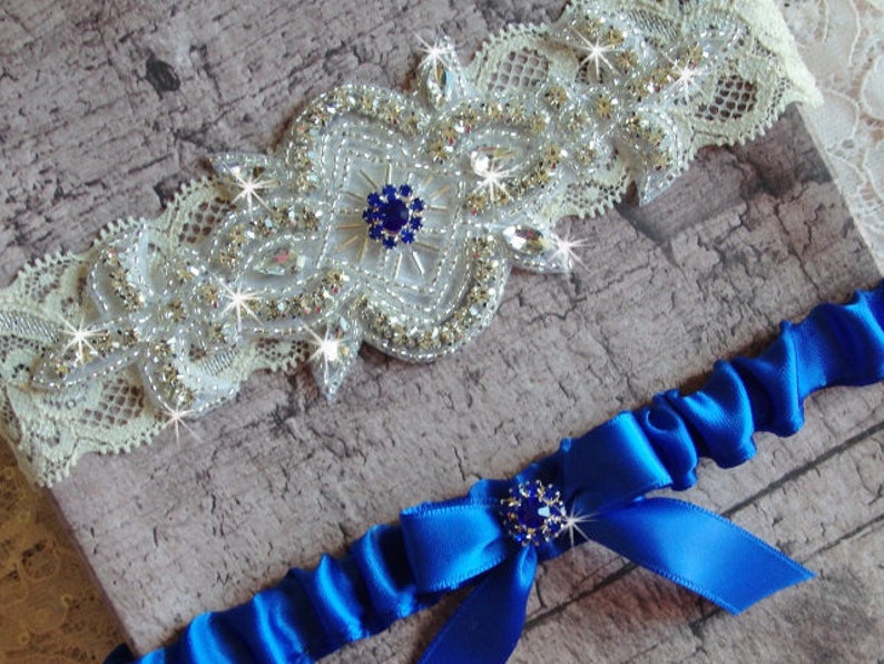 Wedding Dress Wedding Garder Something Blue Garter Rhinestone Garter Lace and Satin Bridal Garter Royal Blue Wedding Garter Set