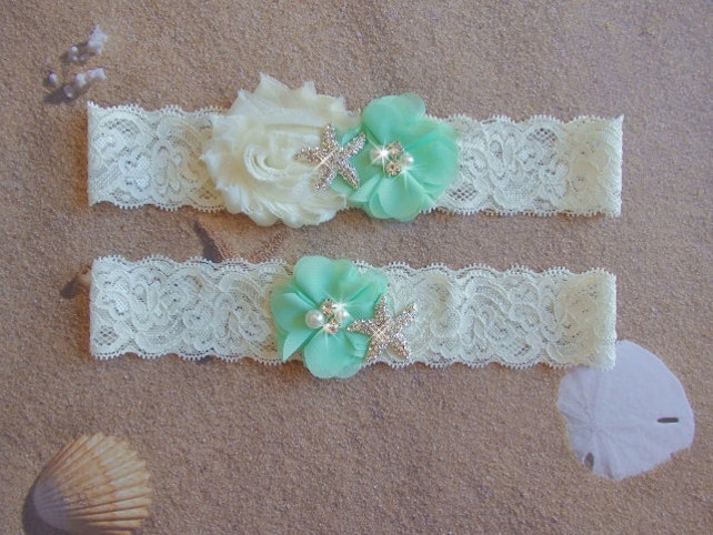 Mint Beach Wedding Garter Set Starfish Bridal Garter Belts White