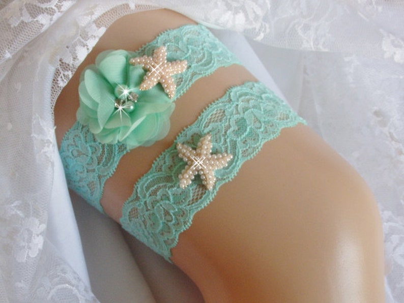 Mint Beach Garter Set Pearl Starfish Bridal Garter Belts Etsy