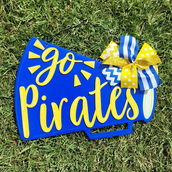 Pirates Megaphone Wooden Door Hanger - Fairhope, Wall Decor, Handpainted, Custom Wood Sign, Wreath, Gift, Cheer, Cheerleader