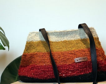 Unique Hand Knitted Rainbow Bag with Leather Straps