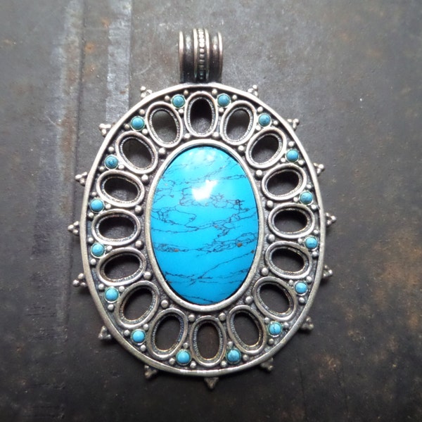 Pendentif Turquoise énorme, gros pendentif en Turquoise, pendentif ovale Turquoise, collier Boho Turquoise, argent et Turquoise pendentif ovale