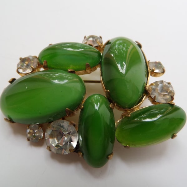 green glass cabochon brooch,glass cabochons brooch,green glass rhinestone brooch,rare brooch,rare collectible brooch,collectible brooch