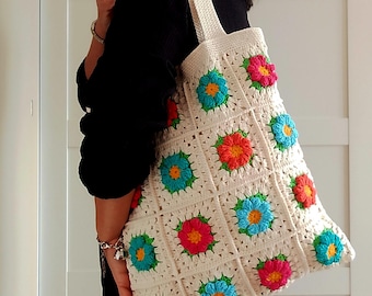 Granny Square Crochet Tote Bag floral granny handbag Beginner DIY bag pdf pattern Instant Download