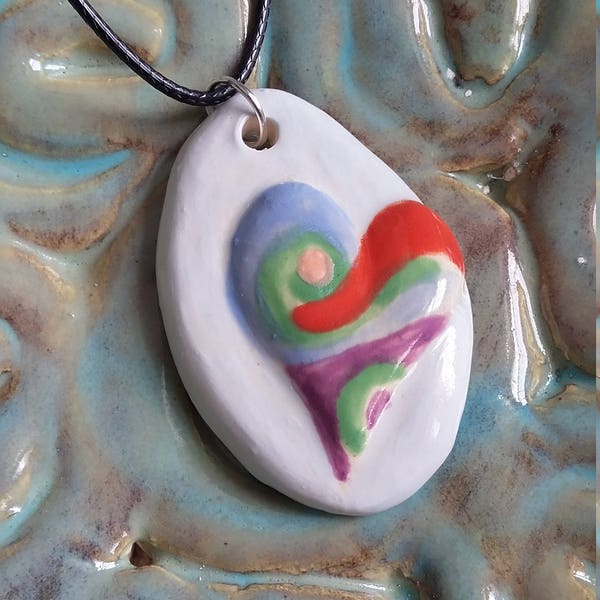 Ceramic Clay Pendant Necklace (White Red Purple Green Tan Blue), White Earthenware Clay, Colorful Heart Necklace, Heart Pendant, Love