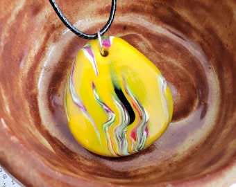 Colorful Stripes Yellow, Black, Orange, Aqua Blue Artsy Colorful Clay Necklace Abstract Design Polymer Clay Pendant Necklace Unique