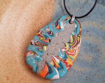 Colorful Stripes Yellow, Black, Orange, Aqua Blue Artsy Colorful Clay Necklace Abstract Design Polymer Clay Pendant Necklace Unique