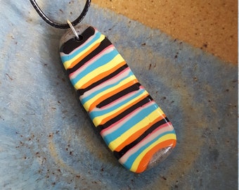 Colorful Stripes Yellow, Black, Orange, Aqua Blue Artsy Colorful Clay Necklace Abstract Design Polymer Clay Pendant Necklace Unique