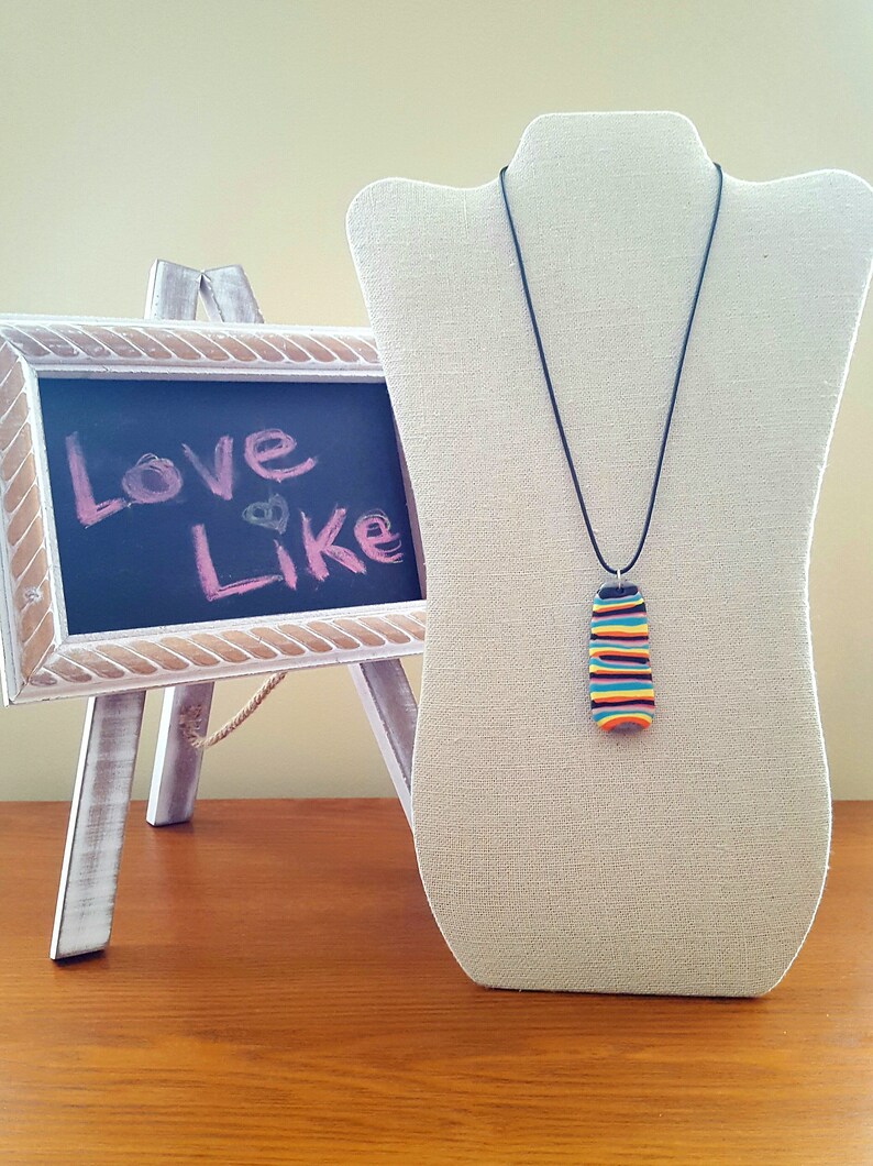 Colorful Stripes Yellow, Black, Orange, Aqua Blue Artsy Colorful Clay Necklace Abstract Design Polymer Clay Pendant Necklace Unique