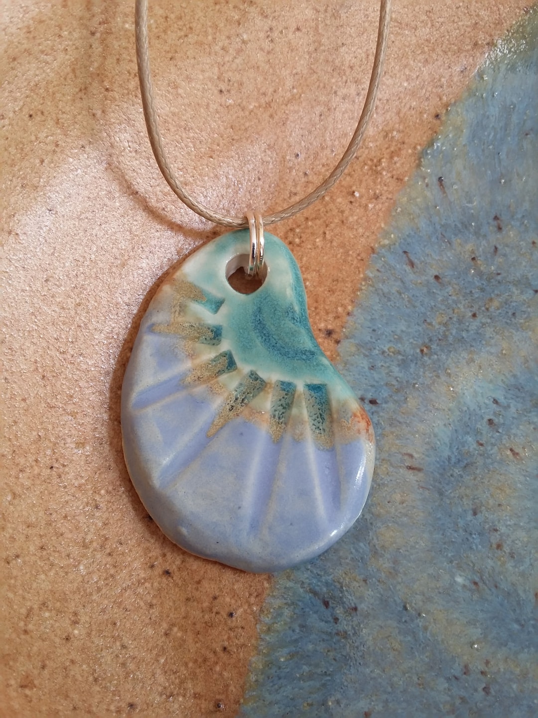Ceramic Clay Pendant Necklace arctic Blue Green Tan White Etsy