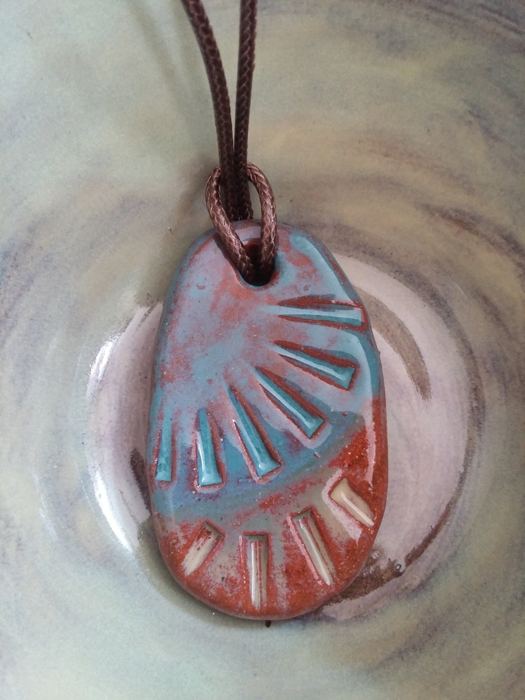 Ceramic Clay Pendant Necklace turquoise, Yellow, Red Earthenware Clay