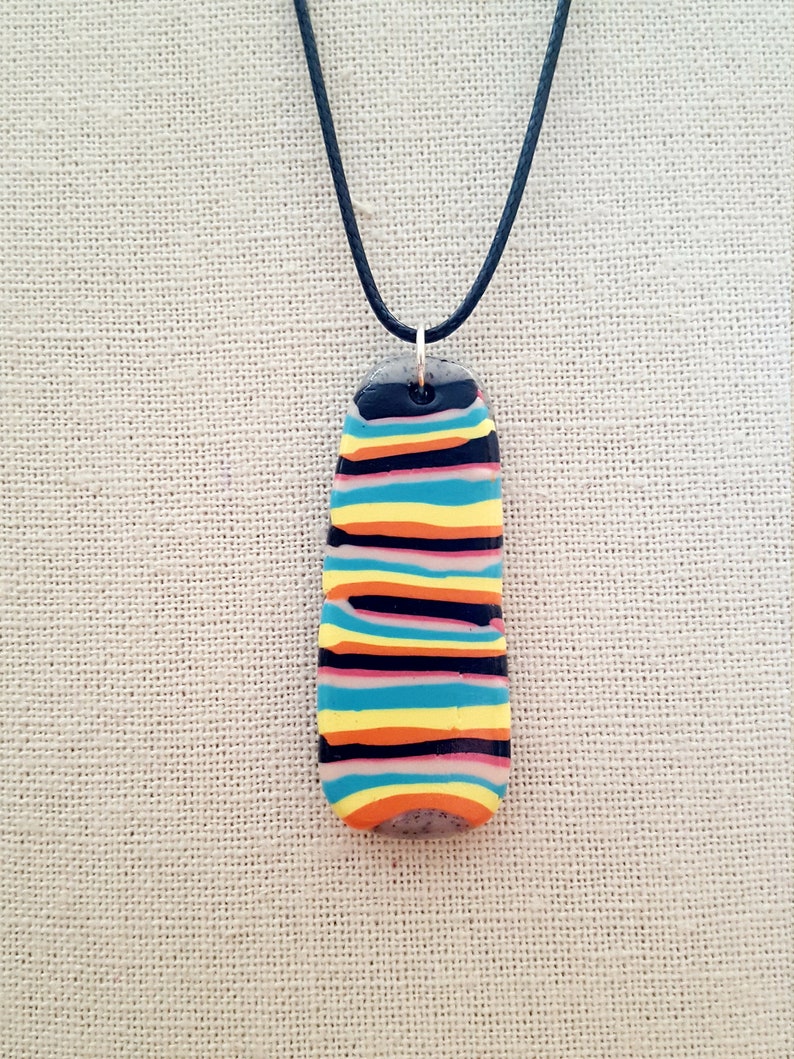 Colorful Stripes Yellow, Black, Orange, Aqua Blue Artsy Colorful Clay Necklace Abstract Design Polymer Clay Pendant Necklace Unique