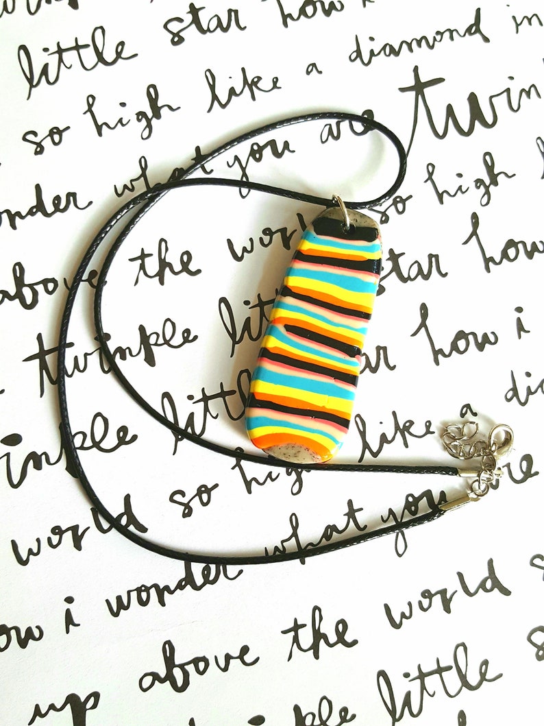 Colorful Stripes Yellow, Black, Orange, Aqua Blue Artsy Colorful Clay Necklace Abstract Design Polymer Clay Pendant Necklace Unique