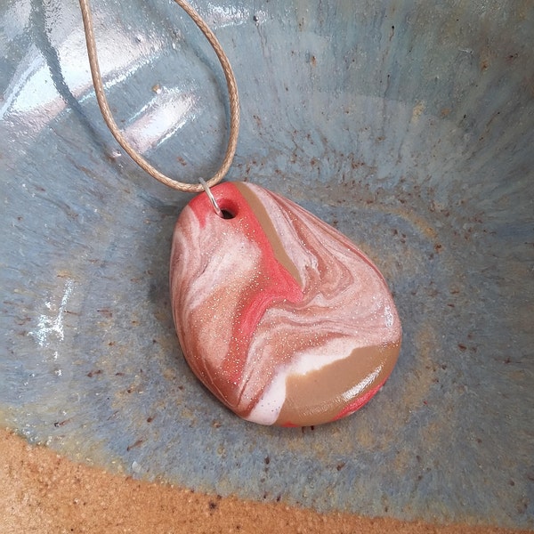 Polymer Clay Pendant Necklace (Tan, Rose Pink, White), Abstract Design, Colorful Necklace, Art Pendant, Artsy Pendant, Oval Pendant