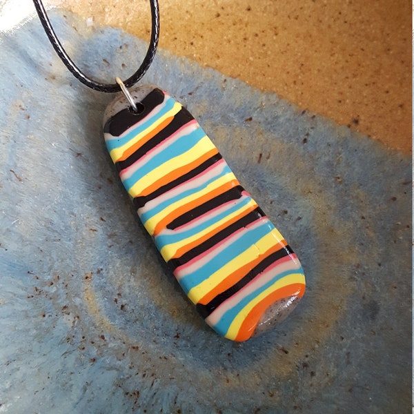 Polymer Clay Pendant Necklace (Yellow, Black, Orange, Aqua Blue), Abstract Design, Colorful Clay Necklace, Colorful Stripes, Artsy, Unique