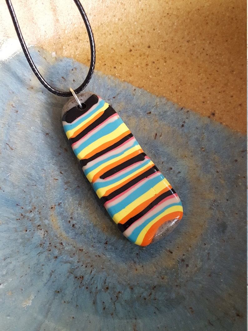 Colorful Stripes Yellow, Black, Orange, Aqua Blue Artsy Colorful Clay Necklace Abstract Design Polymer Clay Pendant Necklace Unique