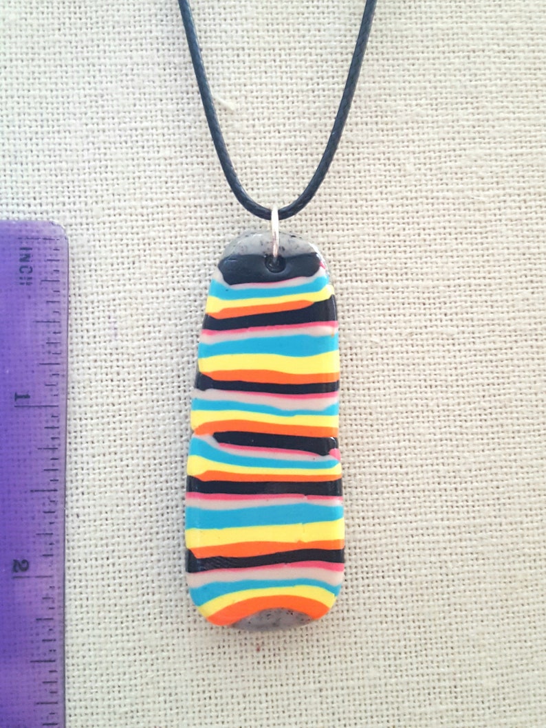Colorful Stripes Yellow, Black, Orange, Aqua Blue Artsy Colorful Clay Necklace Abstract Design Polymer Clay Pendant Necklace Unique