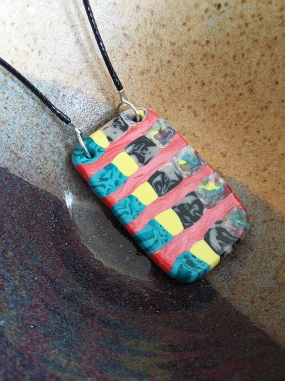 Colorful Stripes Yellow, Black, Orange, Aqua Blue Artsy Colorful Clay Necklace Abstract Design Polymer Clay Pendant Necklace Unique