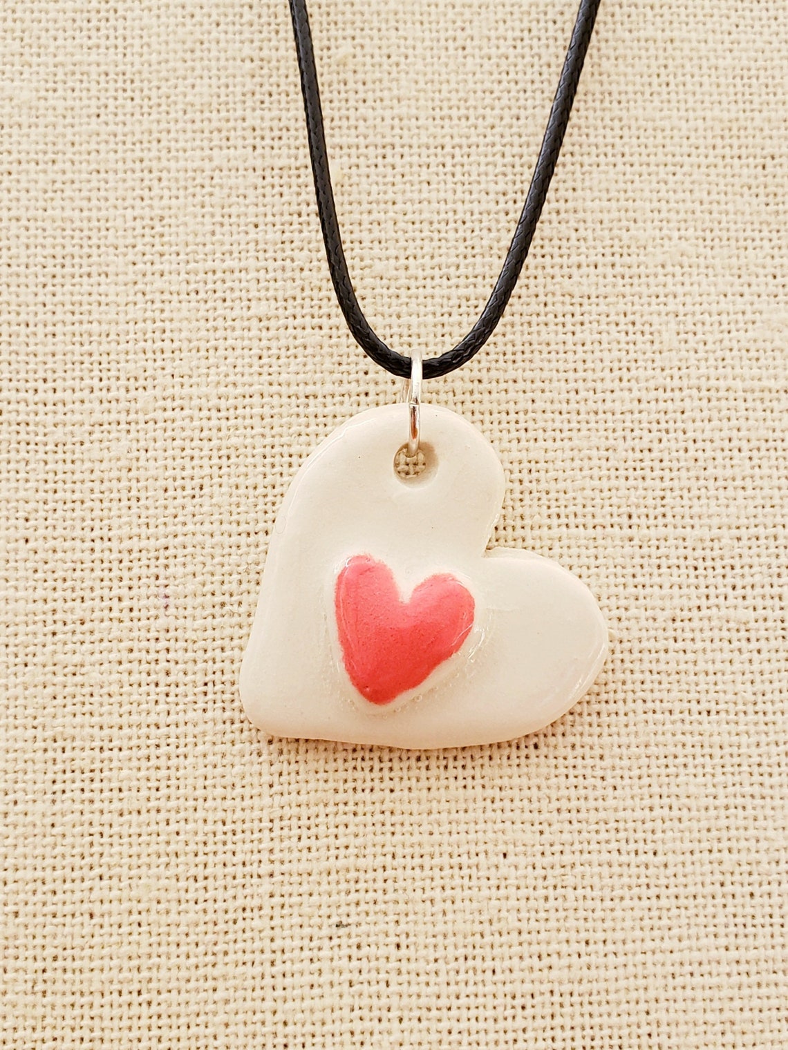 Ceramic Clay Pendant Necklace white and Coral Pink Heart, White