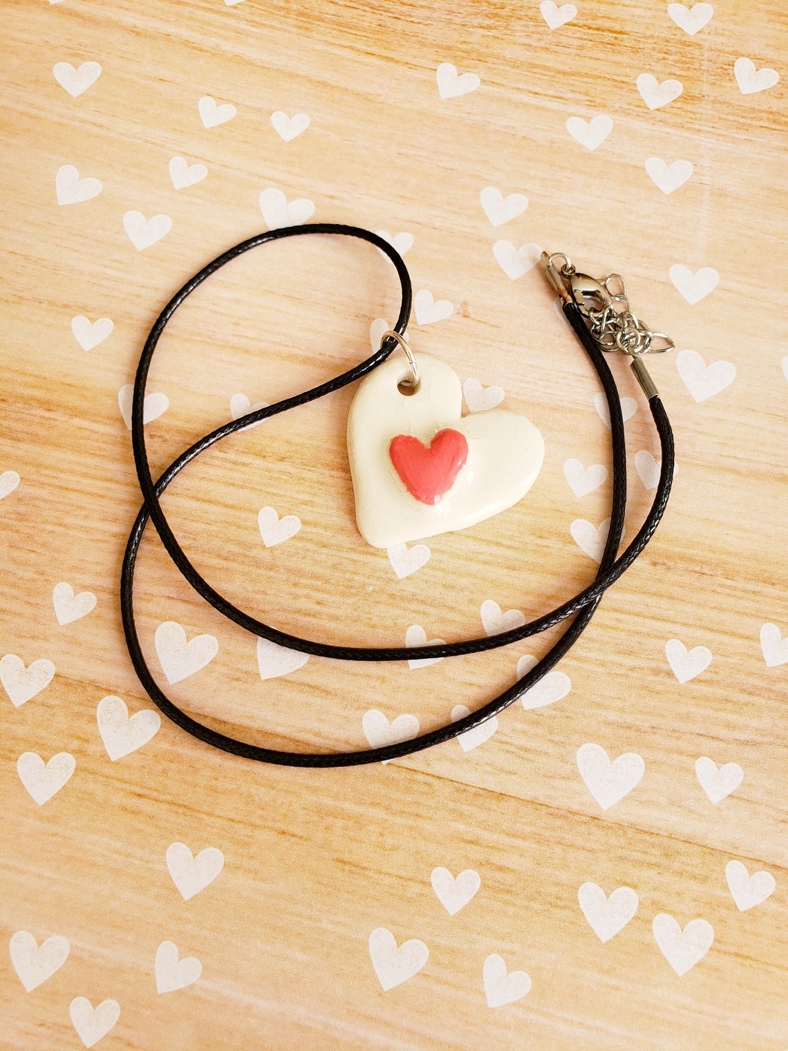 Ceramic Clay Pendant Necklace white and Coral Pink Heart, White
