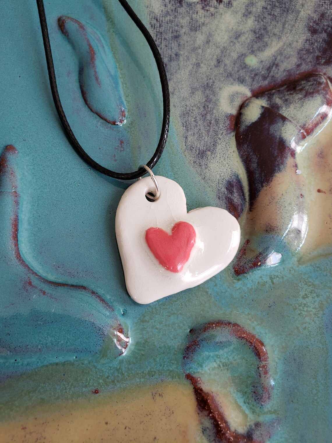 Ceramic Clay Pendant Necklace white and Coral Pink Heart, White