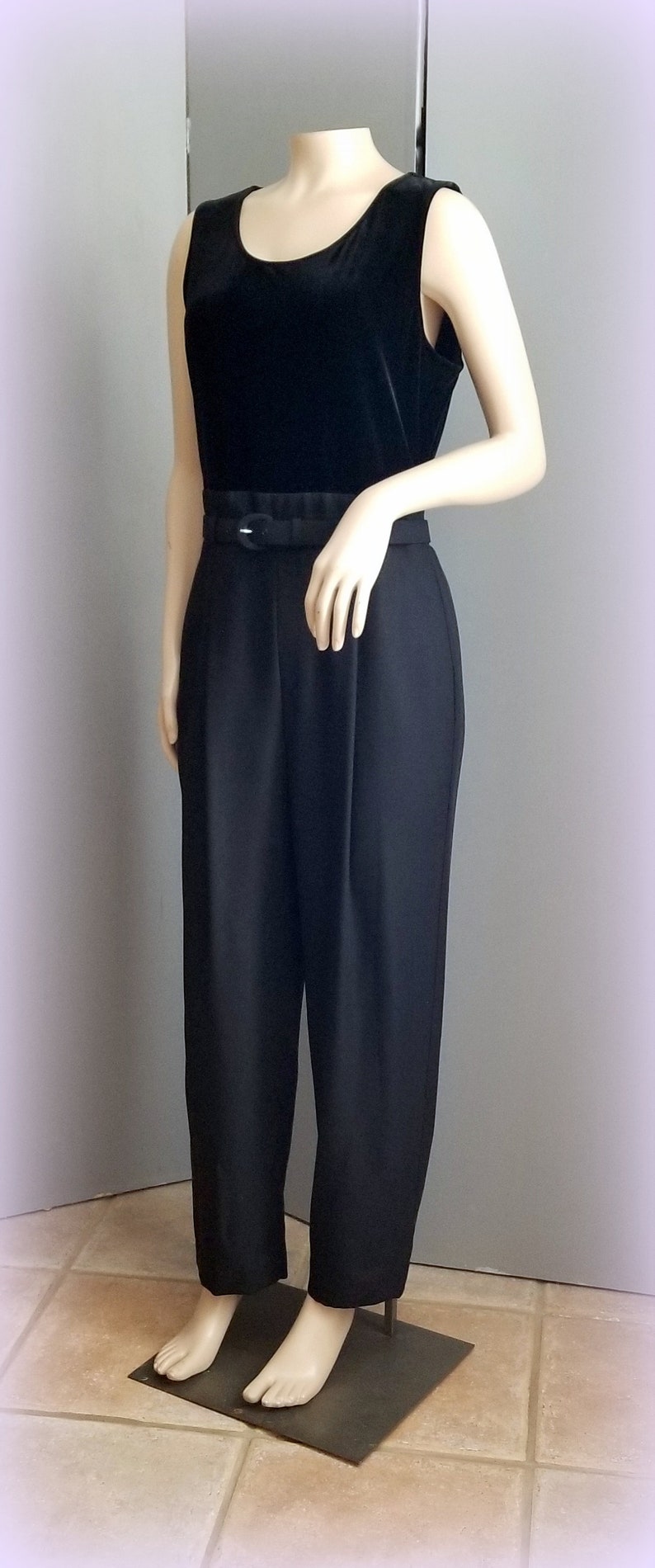 Vintage Jumpsuit 90s Black Jumpsuit /& Jacket JOHN ROBERTS Glittered Sheer Jacket Size SMALL Crepe Pants Velour Bodice