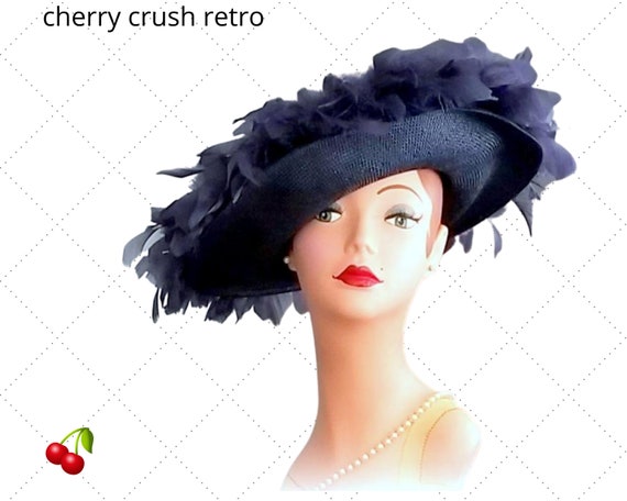 Vtg. Navy Blue Feather Hat - Woven Straw - Tilt Ha