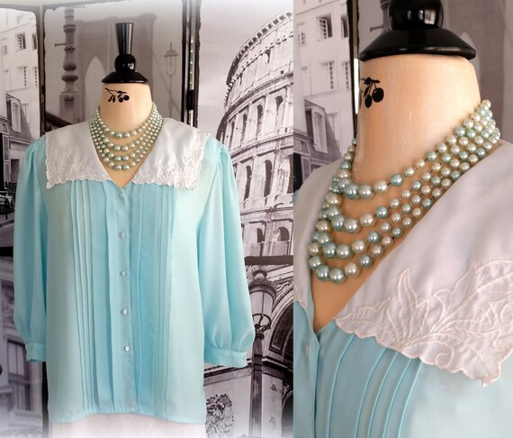 80s Creme Chiffon Blouse - Luminous Aqua - Pretty