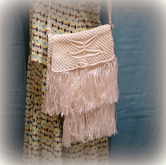 70s Macrame Hippie Boho Bag - Shiny Ivory Macrame