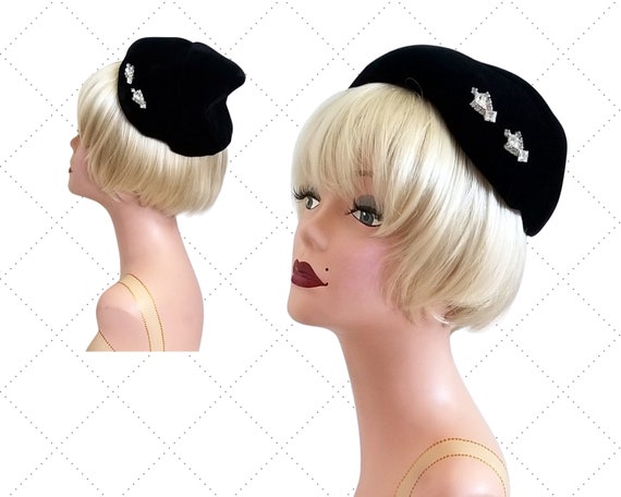 50s Black Velvet Half Hat - Rhinestone Accents - E