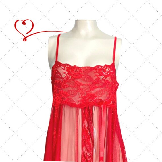 90s Sheer Red Nightgown Lace Bodice Vertical Lace… Gem