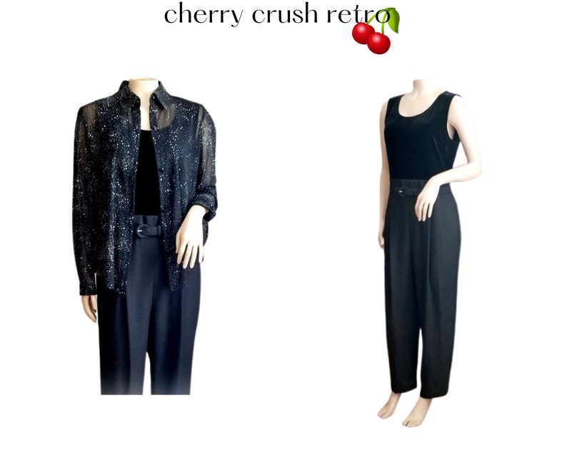 Vintage Jumpsuit 90s Black Jumpsuit /& Jacket JOHN ROBERTS Glittered Sheer Jacket Size SMALL Crepe Pants Velour Bodice