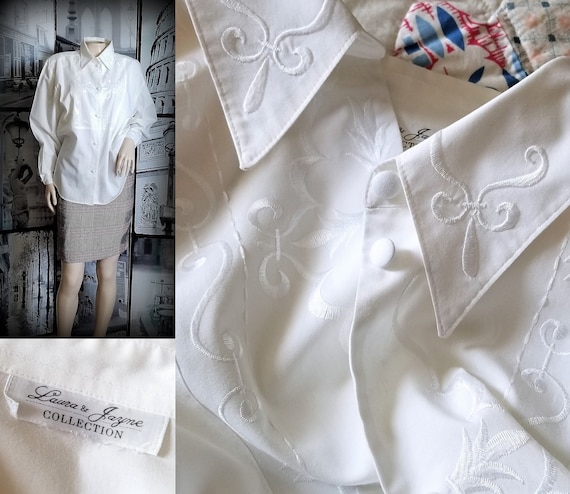 70s White Embroidered Blouse - Long Sleeves - Stra