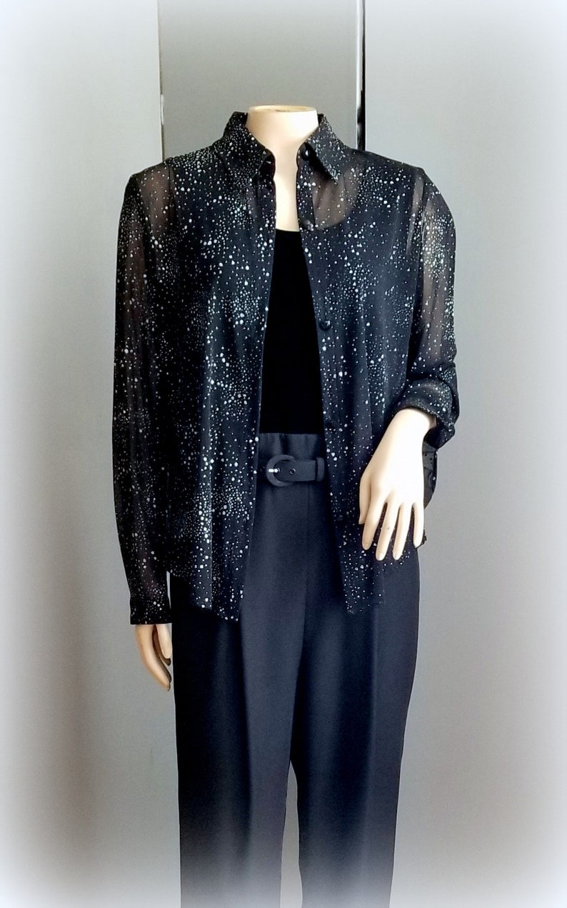 Vintage Jumpsuit 90s Black Jumpsuit /& Jacket JOHN ROBERTS Glittered Sheer Jacket Size SMALL Crepe Pants Velour Bodice