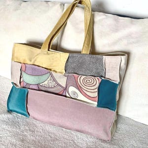 Colorful Patchwork Beach Tote Bag Handmade Large Fabric Shoulder Bag Boho Summer Bag Unique Gift for Her