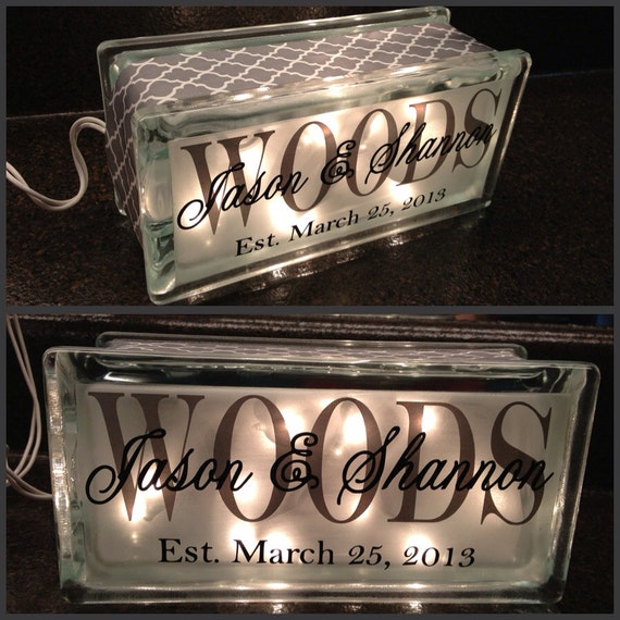 Items similar to Glass block last name light established on Etsy
