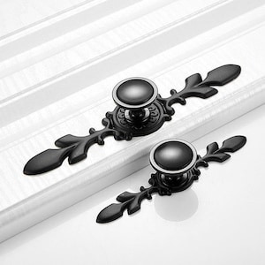 May include: Two black metal cabinet knobs with ornate designs. The knobs have a round, black, metal base with a decorative, scroll-like design. The knobs are attached to a metal plate with a similar scroll-like design.