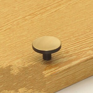 May include: A round, gold-coloured cabinet knob with a black base. The knob is mounted on a light brown wooden surface.