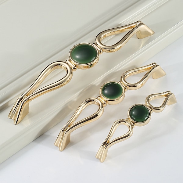 3.75" 5" Gold With Green Stone Drawer Pull Handles Dresser pulls Handles Cabinet Handle Pull Wardrobe handles Kitchen Cupboard pulls handles