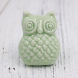 May include: A light green ceramic owl figurine with a detailed textured body and large, round eyes.