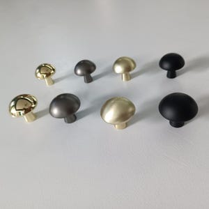 May include: Assortment of eight mushroom-shaped cabinet knobs in various finishes, including gold, black, and grey.
