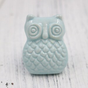 May include: A light blue ceramic owl figurine with a textured, scaly design. The owl has large, round eyes and a small beak.