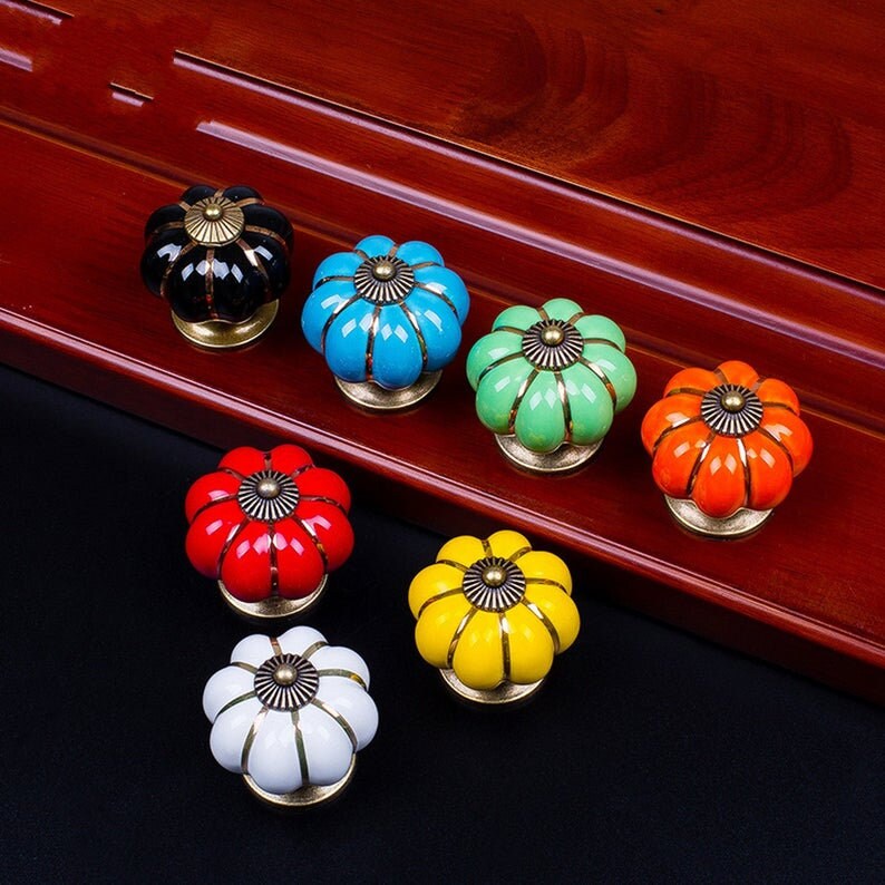 thumbnail image 2 of Ceramic Pumpkin Knob – Colorful Dresser Drawer Cabinet Pull – 40mm 2 of 4