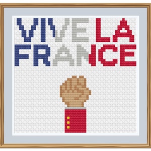 May include: A cross-stitch design featuring the French flag colors, a raised fist, and the text "Vive La France".
