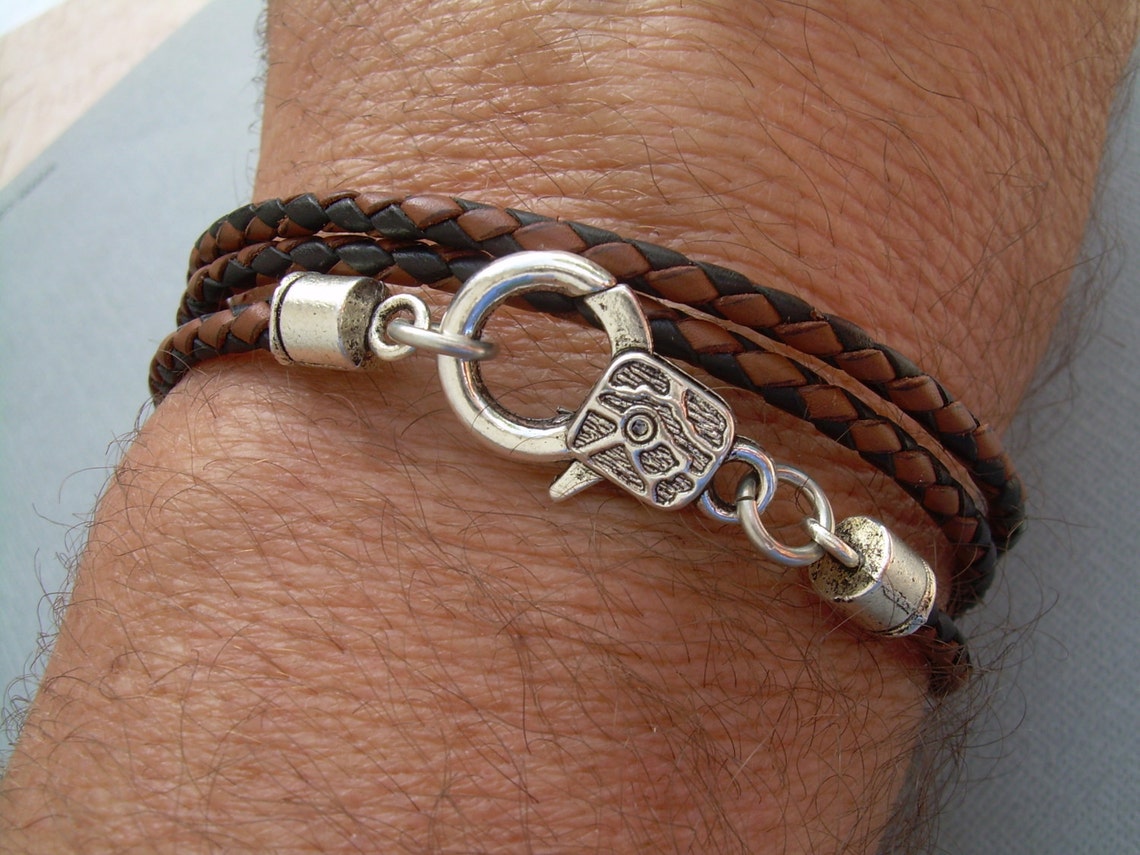 Triple Wrap Braided Leather Bracelet With Lobster Clasp Mens Etsy