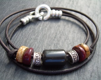 Leather Bracelet, Gemstone Bracelet, Triple Wrap,  Mens Bracelet, Womens Bracelet, Mens Jewelry, Womens Jewelry, Leather Jewelry, Jewelry