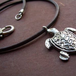 Sea Turtle Pendant Leather Necklace, Surf Choker,  Ocean Lover Gift,  Lobster Clasp Closure, Custom Lengths, Made in USA,
