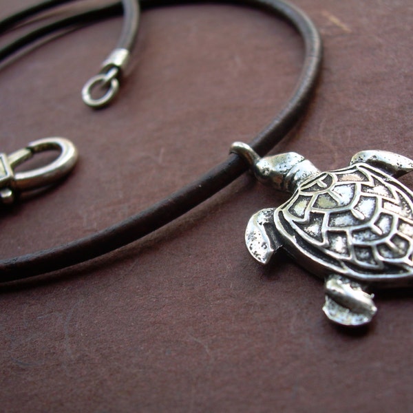 Leather Necklace with Sea Turtle Pendant,  Mens leather Necklace,  Womens Surf Necklace