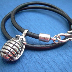 Hand Grenade Pendant Necklace: Pewter, Black Leather Cord