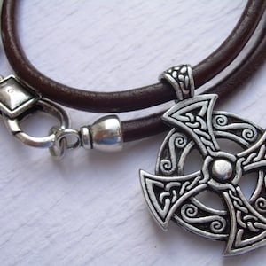 Celtic Knot Cross Necklace: Pewter Pendant on Leather Cord